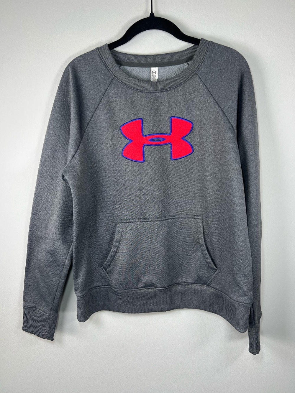 Under Armour UA Storm Crewneck Sweatshirt Gray Letterman Logo Pocket Fitted Larg
